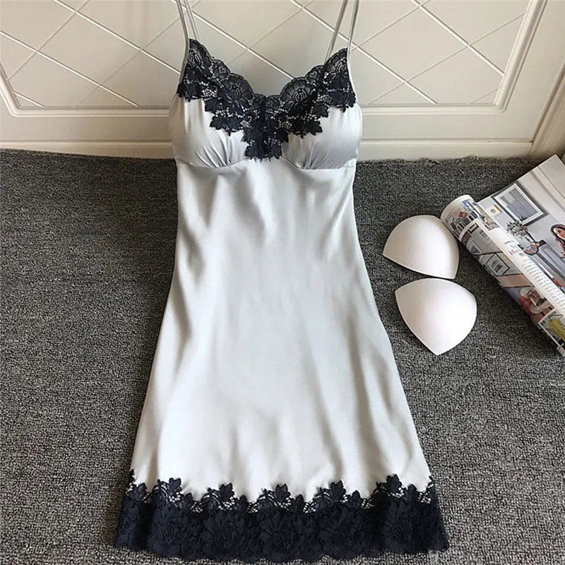 Women's Sexy Lingerie Summer Silk Night Gown Lace Patchwork Mini Night Dress Spaghetti Strap NO Chest Pad Sleepwear For Ladies