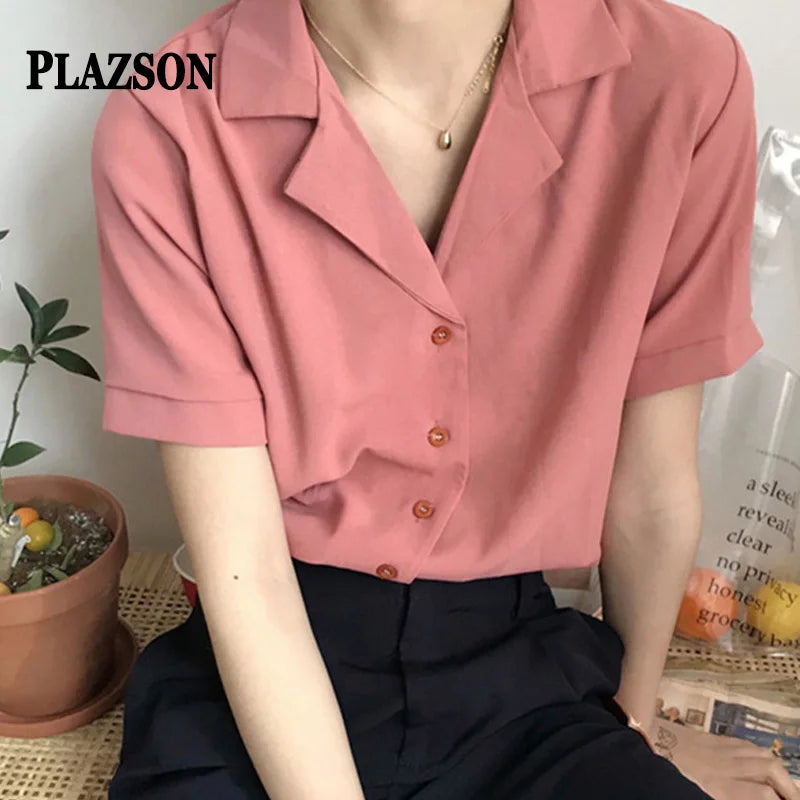 PLAZSON Summer Short Sleeve Women's Shirt Lapel Single-breasted Solid Basic Blouse Dongdaemun Korean Style Tops 셔츠 & 블라우스 8568