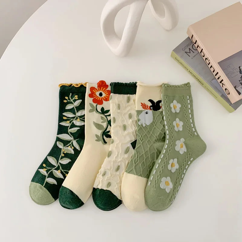 Five Pairs of Women's Forest Plants Flowers Spring and Autumn Fashion Retro College Style Cute and Interesting Mid Tube Socks