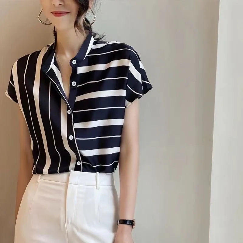 Summer Women Short Sleeve Striped Tops Fashion Irregular Blouses Lady Temperament Shirts Stand Collar Loose Blusas MM0289