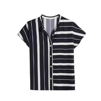 Summer Women Short Sleeve Striped Tops Fashion Irregular Blouses Lady Temperament Shirts Stand Collar Loose Blusas MM0289