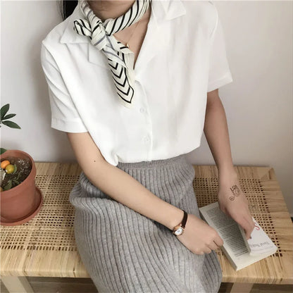 PLAZSON Summer Short Sleeve Women's Shirt Lapel Single-breasted Solid Basic Blouse Dongdaemun Korean Style Tops 셔츠 & 블라우스 8568