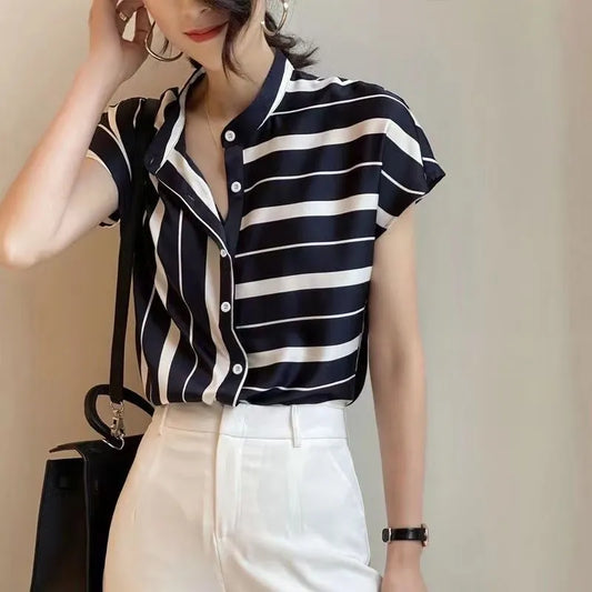 Summer Women Short Sleeve Striped Tops Fashion Irregular Blouses Lady Temperament Shirts Stand Collar Loose Blusas MM0289