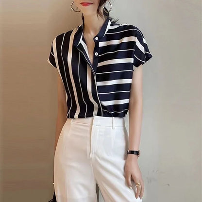 Summer Women Short Sleeve Striped Tops Fashion Irregular Blouses Lady Temperament Shirts Stand Collar Loose Blusas MM0289