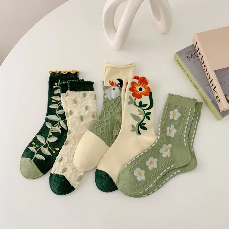 Five Pairs of Women's Forest Plants Flowers Spring and Autumn Fashion Retro College Style Cute and Interesting Mid Tube Socks