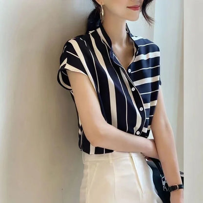 Summer Women Short Sleeve Striped Tops Fashion Irregular Blouses Lady Temperament Shirts Stand Collar Loose Blusas MM0289