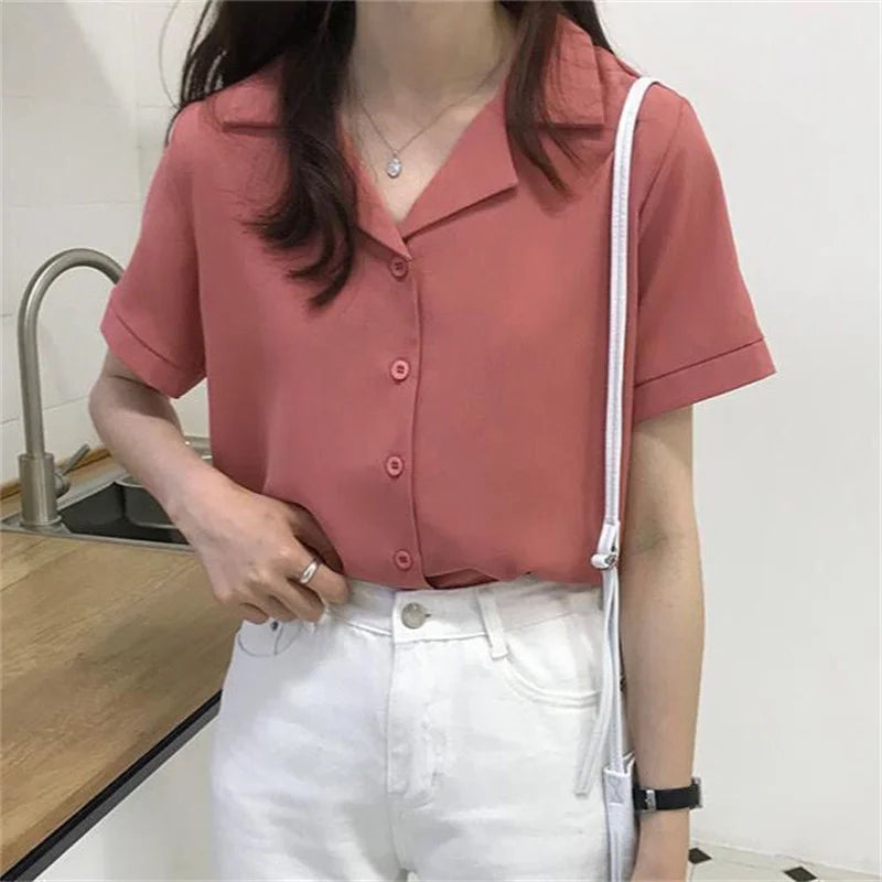 PLAZSON Summer Short Sleeve Women's Shirt Lapel Single-breasted Solid Basic Blouse Dongdaemun Korean Style Tops 셔츠 & 블라우스 8568