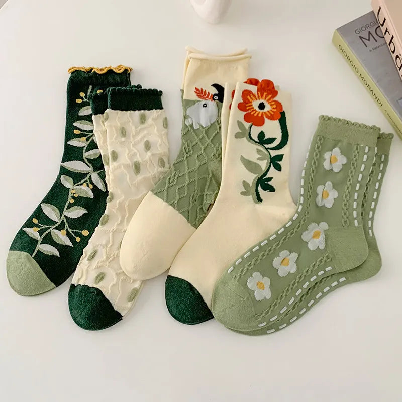 Five Pairs of Women's Forest Plants Flowers Spring and Autumn Fashion Retro College Style Cute and Interesting Mid Tube Socks